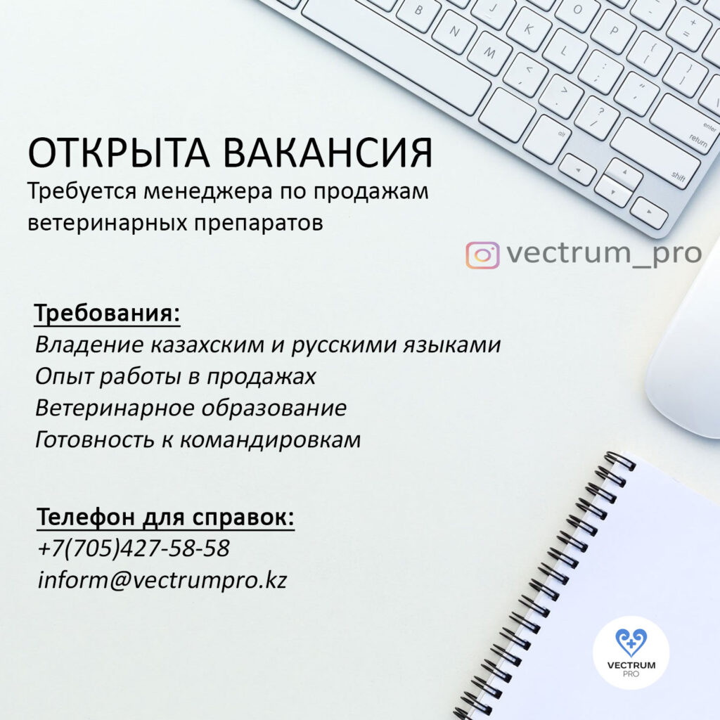 ОТКРЫТА ВАКАНСИЯ
Требуются менеджера по продажам ветеринарных препаратов
Резюме отправлять на почту:
📩inform@vectrum.pro
Телефон для справок: 
📞+7(705)427-58-58